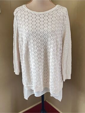 Lucky Brand 2X Ivory Cream Crochet Knit Layered Lined Pullover Top Romantic